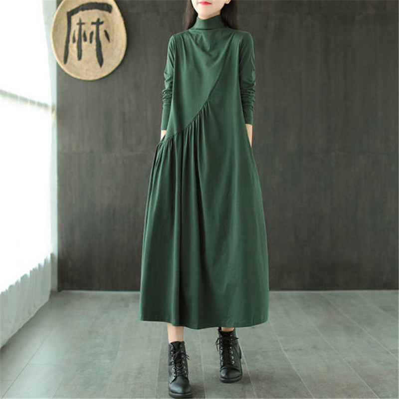 2025 Women's Dress Spring Literary Retro Loose Half Turtleneck Mid-Length Women's Skirt Age-Reducing Skirt Fashionable and Slimming Look