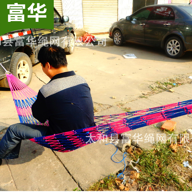 Fábrica al por mayor nylon cuerda de color malla hamaca al aire libre camping malla de acero inoxidable anillo de hierro hamaca anillo neto