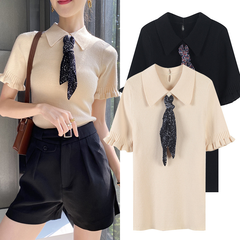 Commuter Contrasting Color Tie Lapel Knitwear Lace Short-sleeved Slim-fit Slimming Top Thin T-shirt for Summer Women