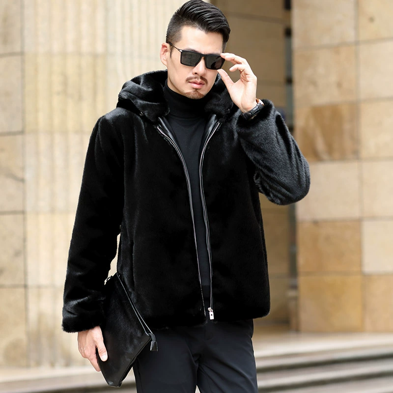 Трансграничная Европа и США 2024 новый зимний мужской короткий с капюшоном имитация мехового пальто куртка норка топ теплый