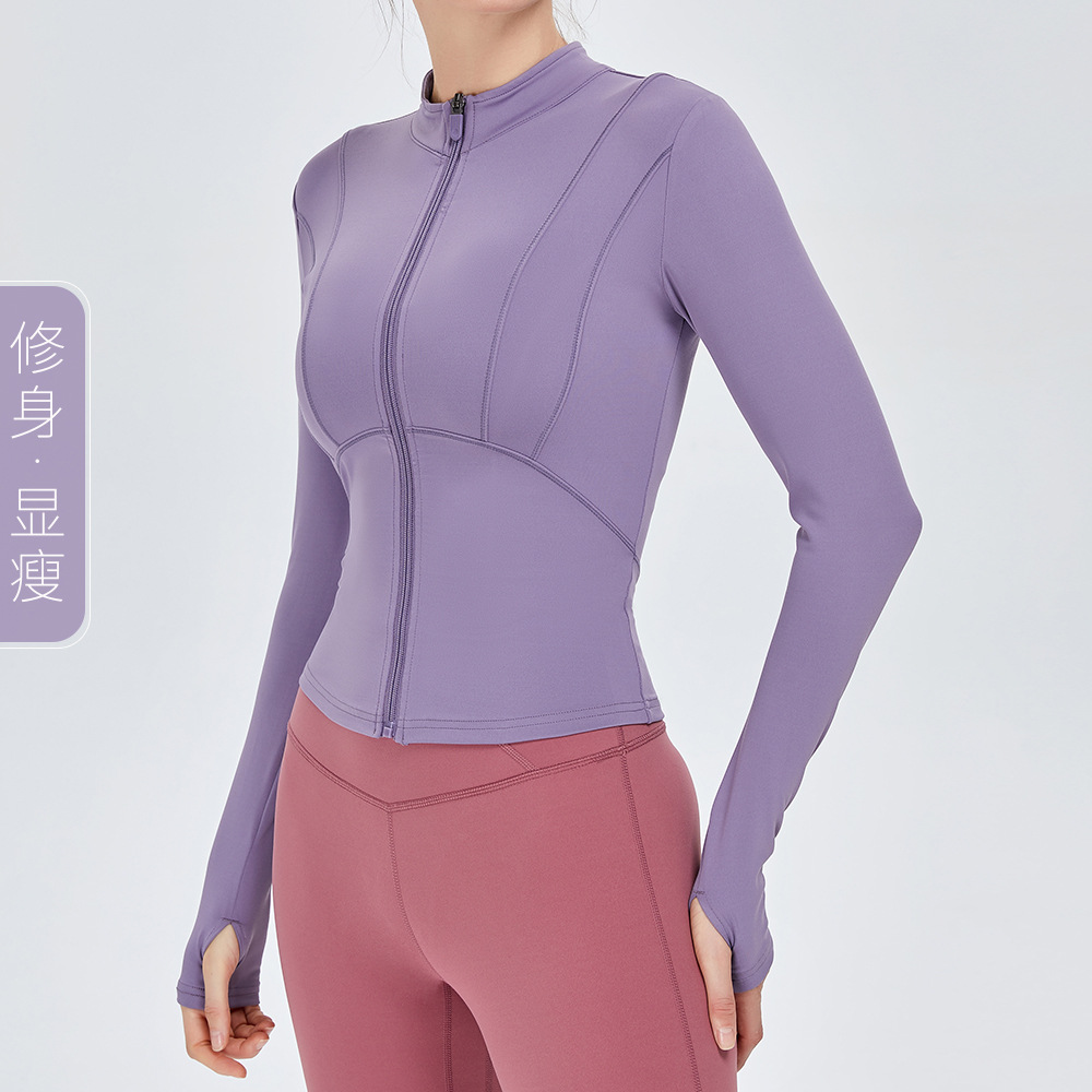 En stock Otoño e Invierno nuevo europeo y americano desnudo chaqueta deportiva Slim adelgazamiento yoga ropa mujer cremallera manga larga fitness top