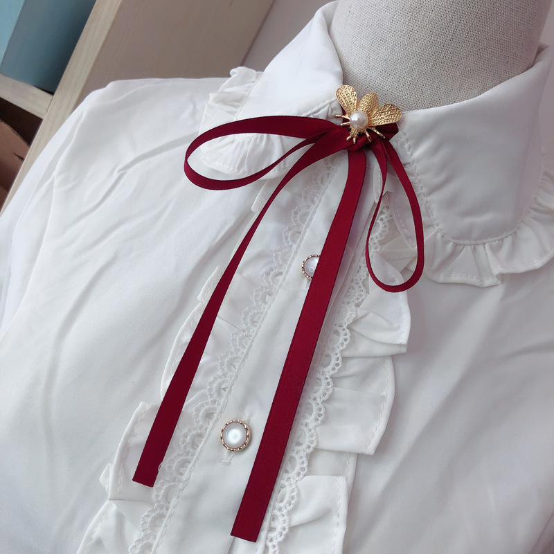Bow Tie Shirt with Pearl Alloy Bee Design, Solid Color School Uniform Collar, Korean Style Simple Design, Available for Wholesale