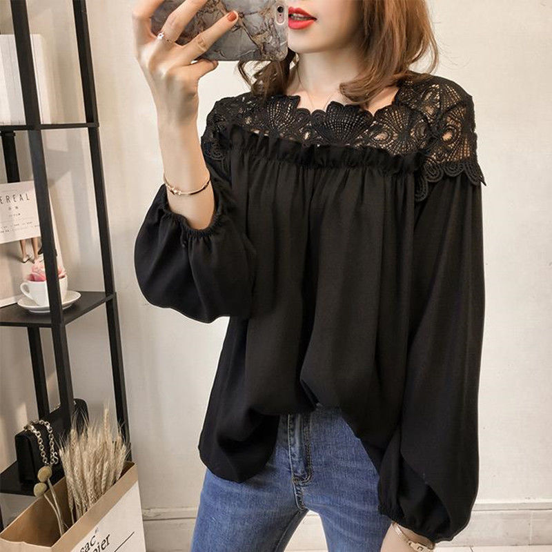 Women's Long Sleeve Chiffon Blouse Spring Fashion Crochet Hollow out Lace Patchwork Top Elegant Casual Style_voghion.com
