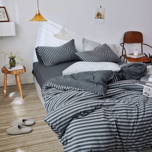 Japanese simple style unprinted Tianzhu cotton knitted cotton four-piece set good quality cotton quilt cover pure cotton bed sheets naked sleeping stripes