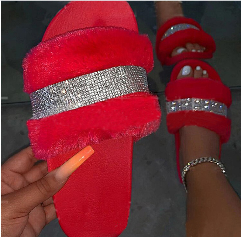 2021 nuevos zapatos de mujer de comercio exterior zapatos de mujer transfronterizos sandalias de plataforma de diamantes de imitación de felpa zapatos de mujer Zapatillas peludos zapatos de mujer