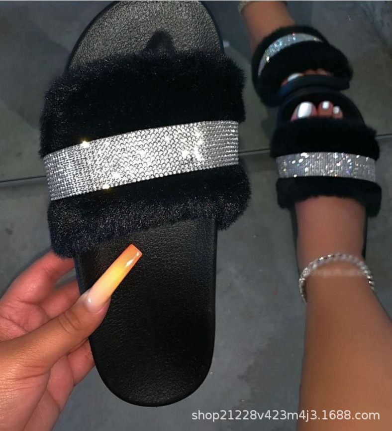 2021 nuevos zapatos de mujer de comercio exterior zapatos de mujer transfronterizos sandalias de plataforma de diamantes de imitación de felpa zapatos de mujer Zapatillas peludos zapatos de mujer