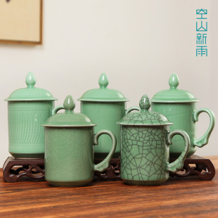 Factory direct Longquan celadon with lid meeting Office teacup creative practical ceramic gift Cup carving logo
