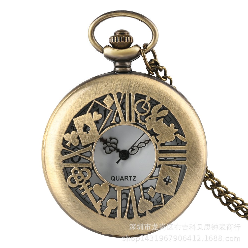 Quartz Pocket Watch Best-Selling Model Classic Retro Alice in Wonderland Hollow Playing Card Large Pocket Watch Student Pocket Watch