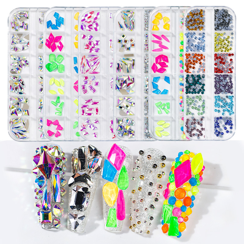 Zhifei nail art popular en línea accesorios de joyería de bricolaje 12 piezas AB color mágico taladro de uñas plano de forma especial Diamante de forma especial