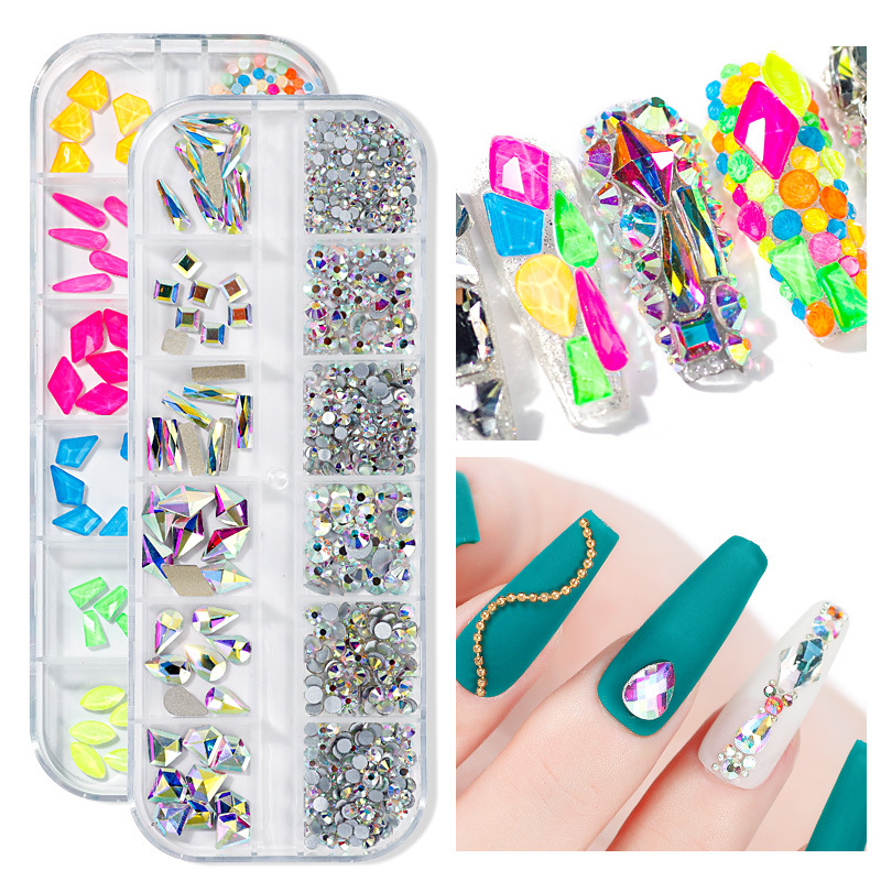 Zhifei nail art popular en línea accesorios de joyería de bricolaje 12 piezas AB color mágico taladro de uñas plano de forma especial Diamante de forma especial