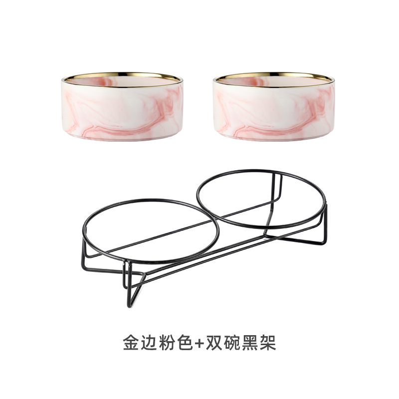 Marbling borde dorado rosa (Tazón doble + Marco de hierro negro)