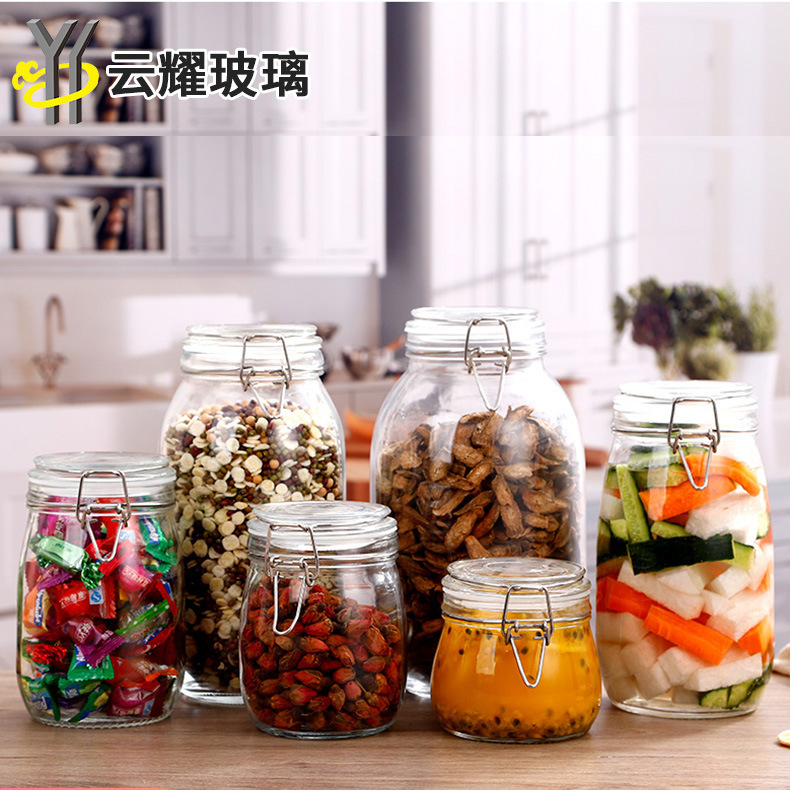 厂家直供卡扣圆形储物罐透明玻璃花茶罐杂粮收纳瓶密封玻璃罐