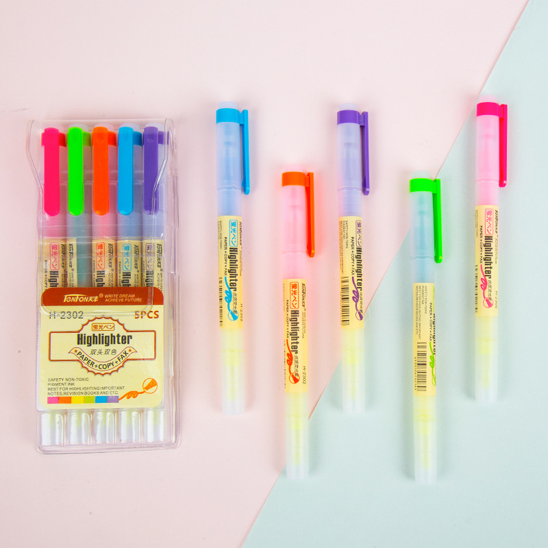 De gran capacidad de doble cabeza resaltador de color pluma de fibra cabeza de secado rápido de dos colores diario pluma 1 juego 5 pluma de marcado de 5 colores