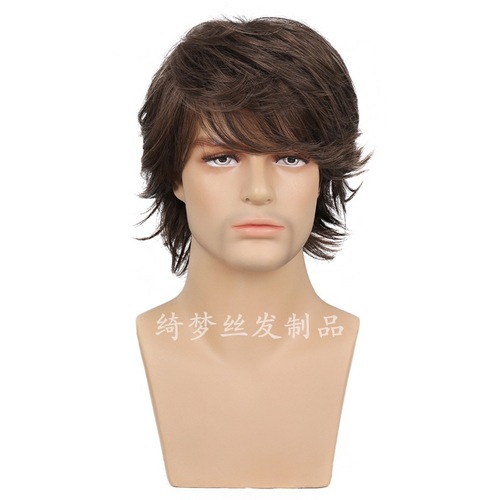 Foreign trade European and American fashion men's short hair, brown wig, fluffy side parted long bangs straight hair piece