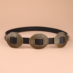 新款跨境歐美復古配件腰帶三個扣頭女士裝飾PU腰帶貝殼花紋大扣頭