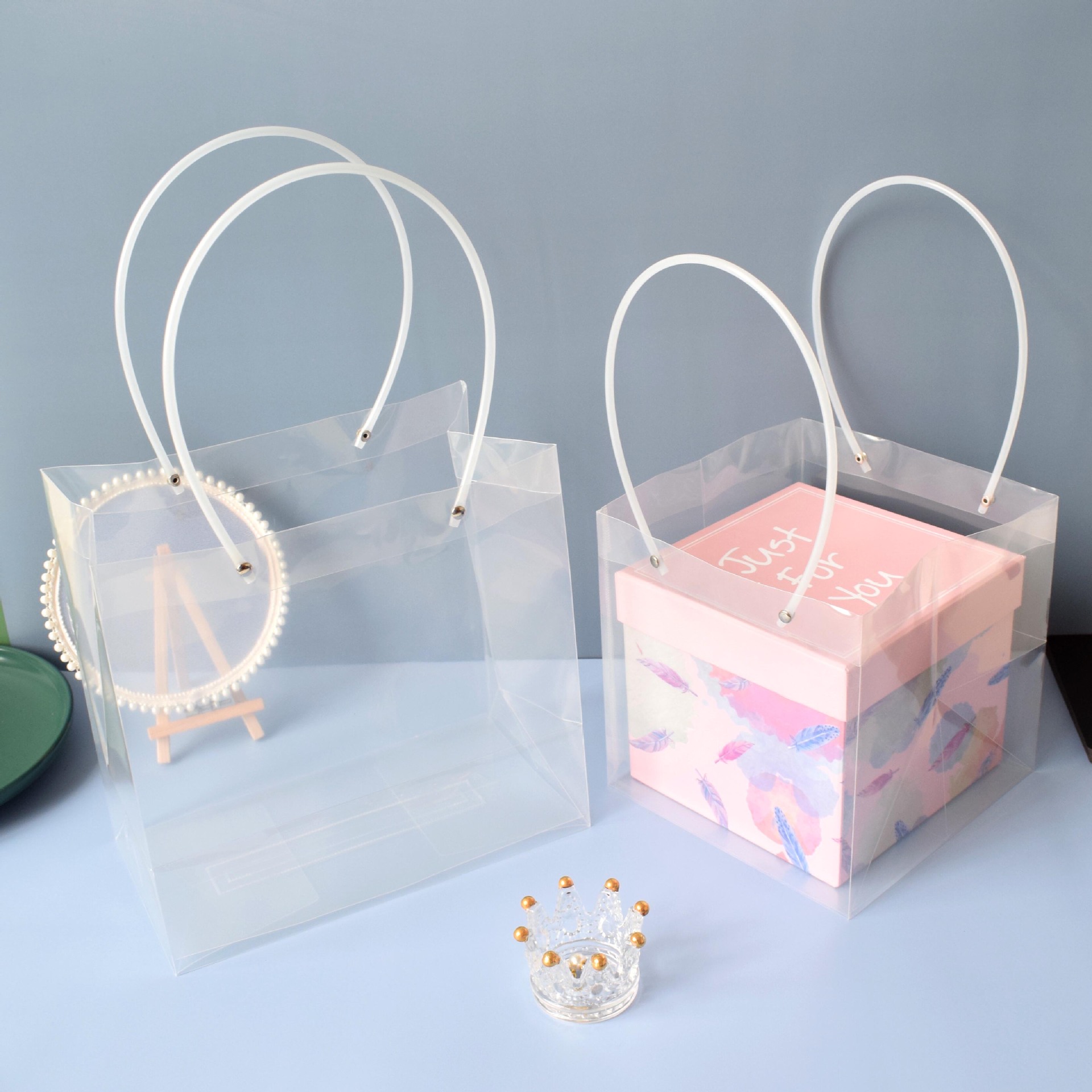Thickened Transparent pvc Handbag Plastic Bag Oversized Flower Garment Packaging Bag ins Accompanying Gift Box Bag