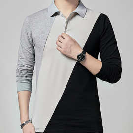 男士长袖T恤2026春季新款男潮韩版修身拼接棉T恤男式制广告衫