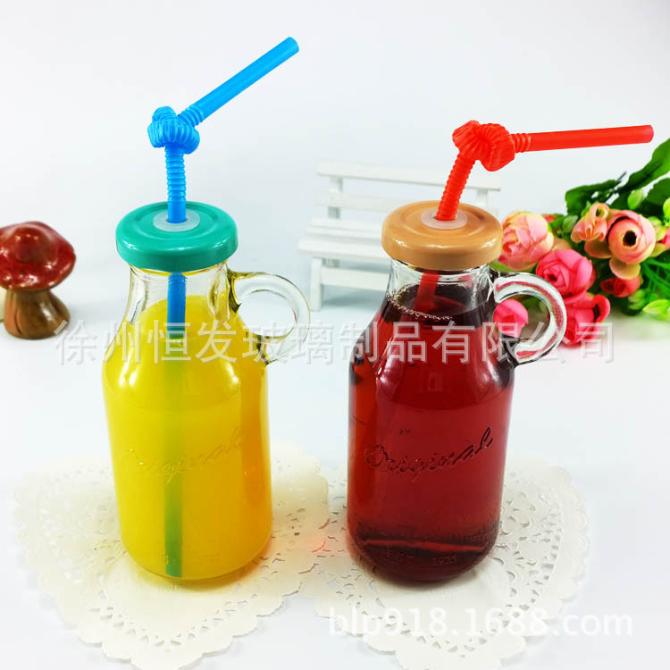 厂家直销250ml饮料杯瓶有提手玻璃瓶奶茶瓶可放吸管玻璃水杯