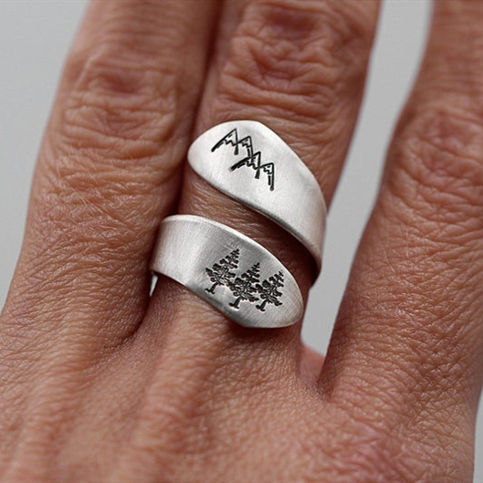 Mountain And Forest Adjustable Open Ring For Women Sterling Silver_voghion.com