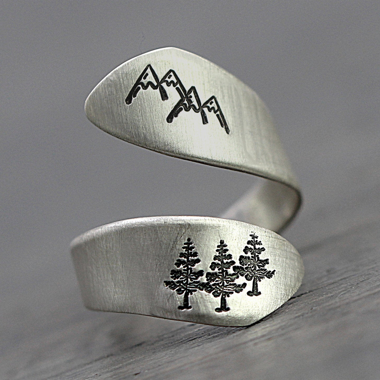 Mountain And Forest Adjustable Open Ring For Women Sterling Silver_voghion.com