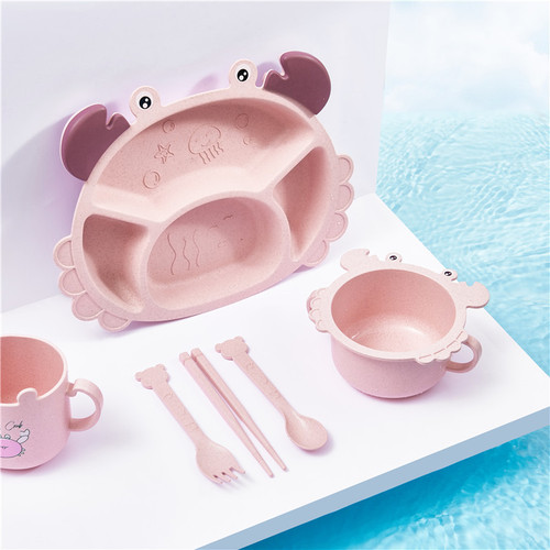 Children's crab tableware 6-piece set for babies with creative shapes, divided home dining plates, break-resistant double-ear bowl cups