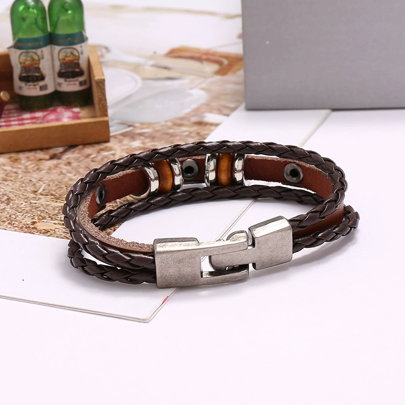 Beaded Cowhide Bracelet, Handmade European Style, 24 cm, Wood Beads & Alloy Accents