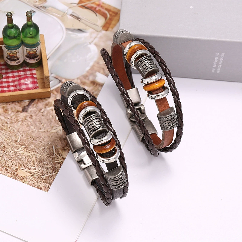 Beaded Cowhide Bracelet, Handmade European Style, 24 cm, Wood Beads & Alloy Accents
