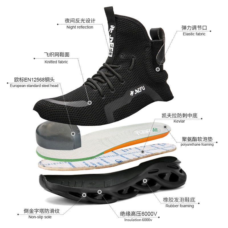 Nuevo modelo transfronterizo de zapatos de protección laboral Jiefu para hombre, con puntera de acero de alta calidad, anti-aplastamiento, resistentes a pinchazos, ligeros y transpirables. image 4