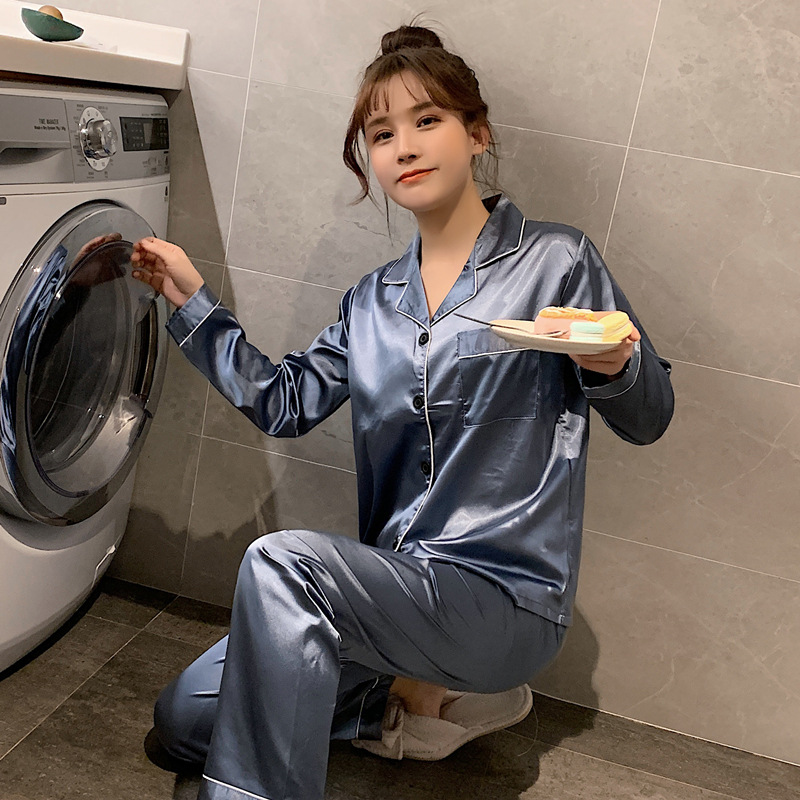 Transfronterizo más tamaño solapa cardigan pijamas de seda artificial para mujeres regordetas Primavera y otoño estilo europeo y americano ropa para el hogar de las mujeres