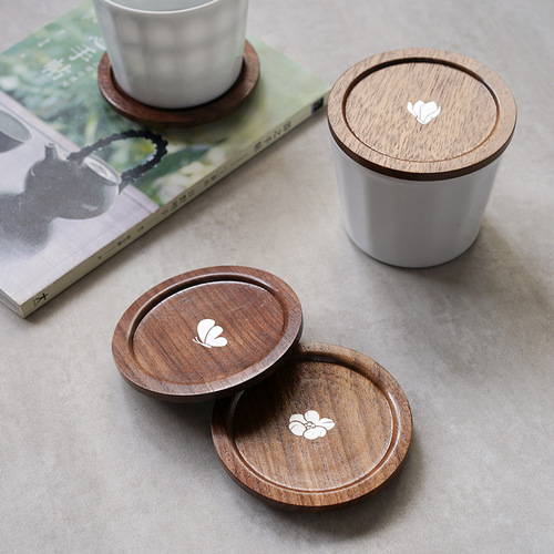 Nishida Muyu walnut cup cover coaster Japanese-style solid wood household coaster insulation pad saucer round universal