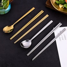 304韩式不锈钢金色筷子汤勺套装方形勺筷韩国料理烤肉店餐具