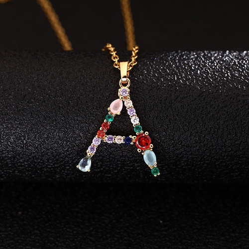 Letter Necklace for Women, 26 Letters, Copper Accented with Colorful Zirconia and Crystal Agate, Stainless Steel Chain Necklace