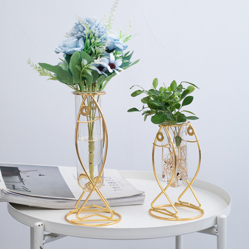 Fábrica al por mayor florero de vidrio de hierro forjado hidropónico planta verde flor seca decoración suave sala de estar comedor Mesa estudio Decoración