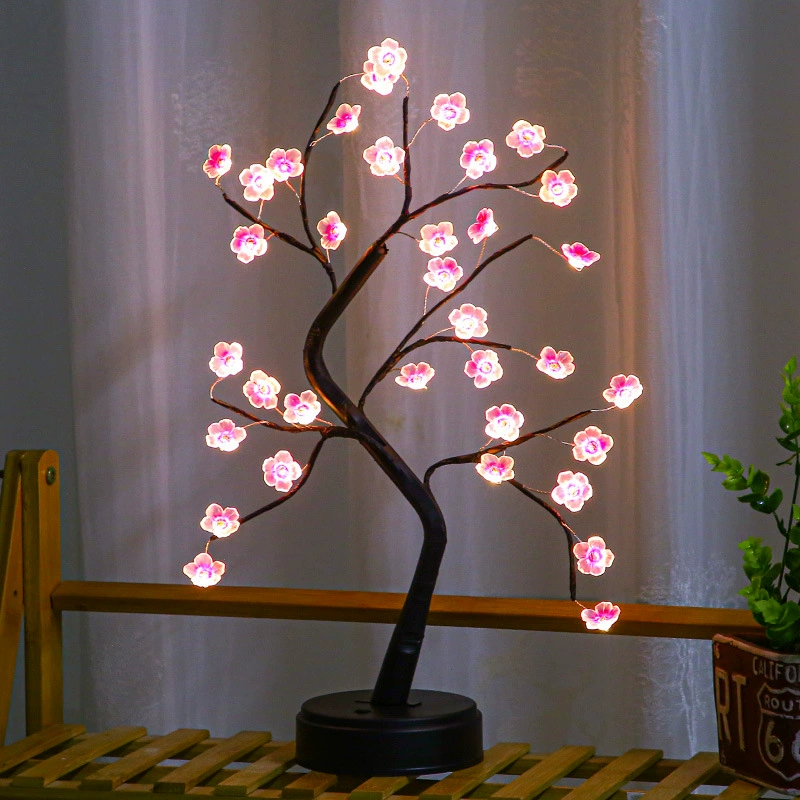Лампа-дерево из медной проволоки, тёплый свет LED, USB или батарея, декоративная цветочная настольная лампа, 0.1 Вт