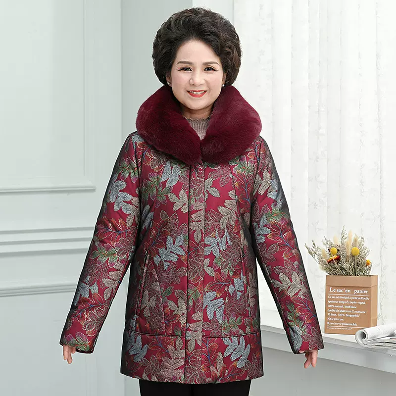 妈妈羽绒服加厚中长款女连帽外穿白鹅绒棉袄保暖老人冬季棉袄棉衣