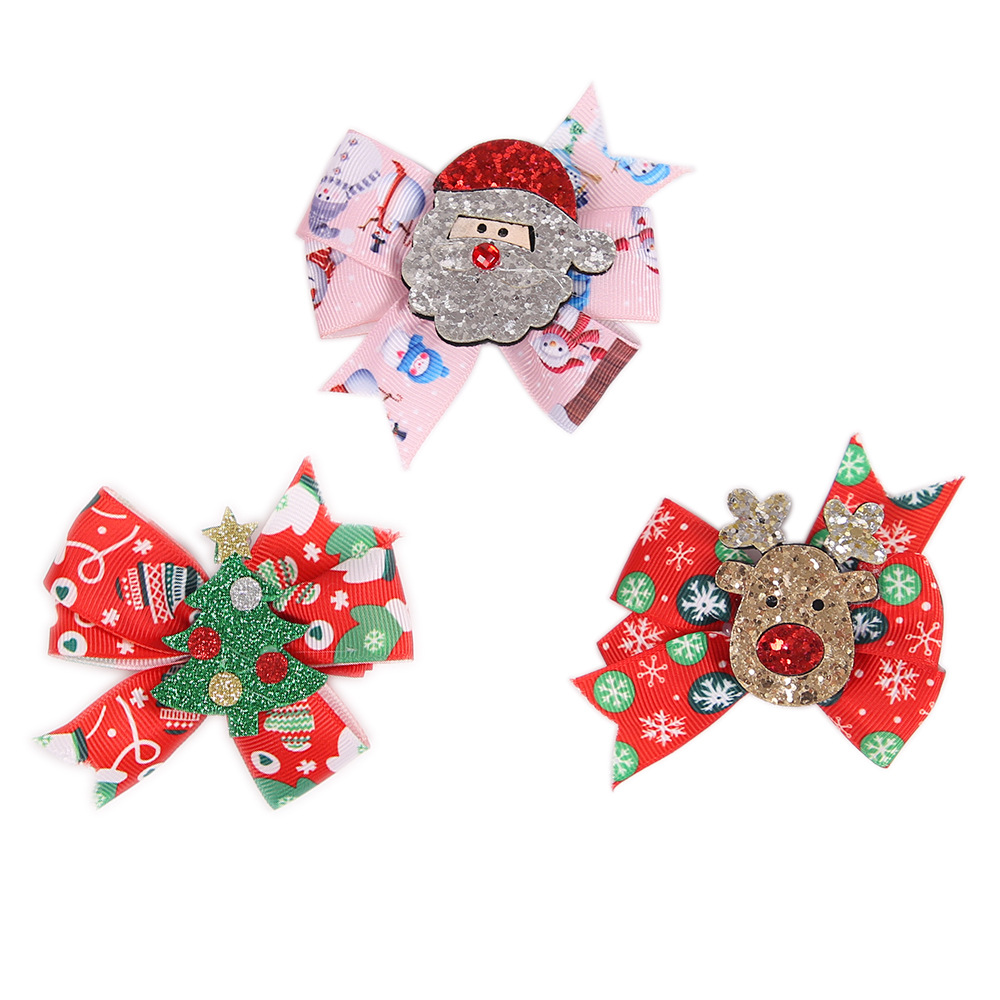 Pasador de pelo navideño con diseño de cuernos de reno, lazo, adornos navideños, dibujos animados infantiles, brillantina, gorro de Papá Noel, clip lateral image 3