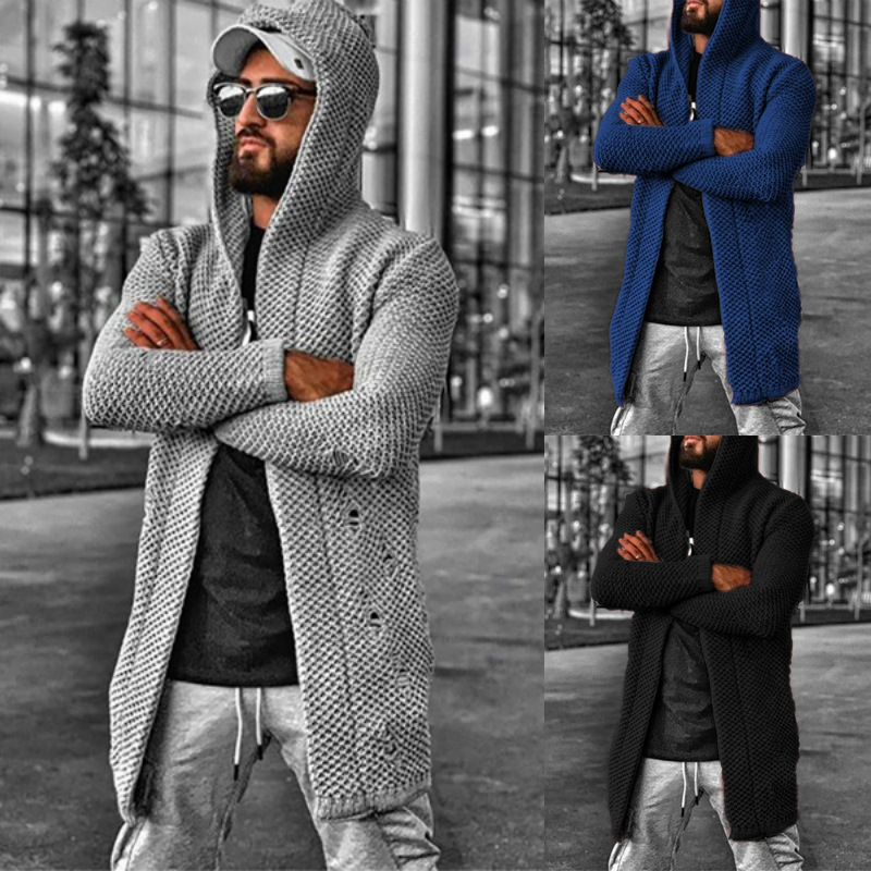 European and American Foreign Trade Men's Sweater Cardigan Solid Color Hooded Turtleneck Sweater Jacket Cross-Border Men's Clothing Amazon Sweater