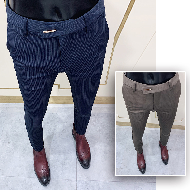 Pantalones de traje de hombre 2021 Otoño e Invierno Nuevos pantalones ajustados casuales de negocios coreanos a rayas engrosados al por mayor de los hombres image 5