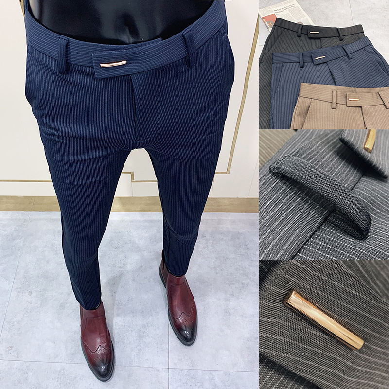 Pantalones de traje de hombre 2021 Otoño e Invierno Nuevos pantalones ajustados casuales de negocios coreanos a rayas engrosados al por mayor de los hombres image 6