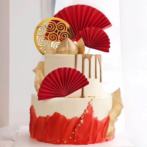 Cake decoration folding fan festive leaves finished fan antique plug-in baking birthday festival flags birthday decoration