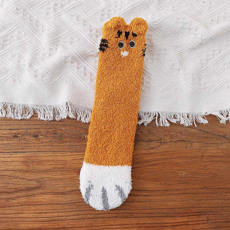 Calcetines de invierno calcetines de media pantorrilla para mujer Otoño e Invierno forrados de lana engrosada gato afortunado terciopelo de coral cálido ins moda lindo estudiante Calcetines