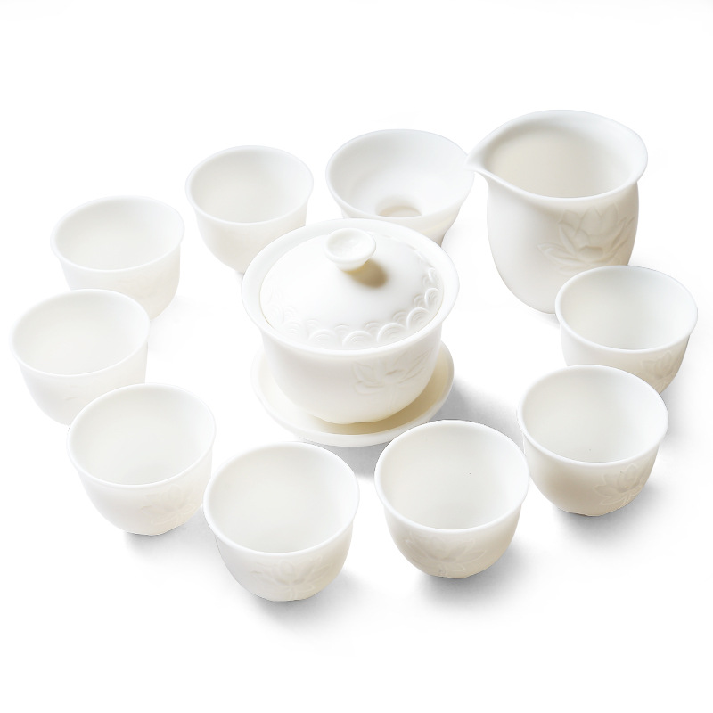 Juego de té de jade gordo de oveja de cerámica de su juego de té Lotus Kung Fu juego de té taza mate blanco tres Cai cubierta tazón juego de té traje de regalo