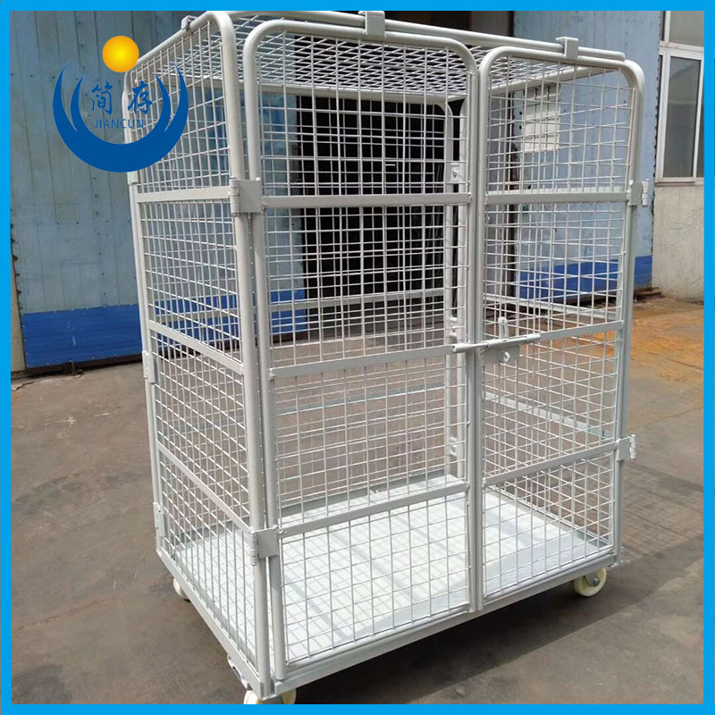 制作物流台车网格物流笼车双门带顶盖封闭笼车移动载货多层可折叠
