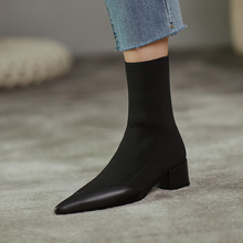 秋冬性感尖头中跟短靴头层牛皮真皮百搭女靴舒适细腻弹力袜靴