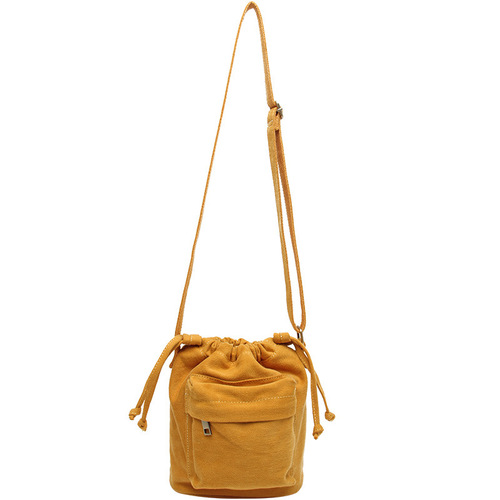 Casual literary retro one-shoulder canvas bag for women cross-body solid color small bag with drawstring drawstring 2024 new bucket bag