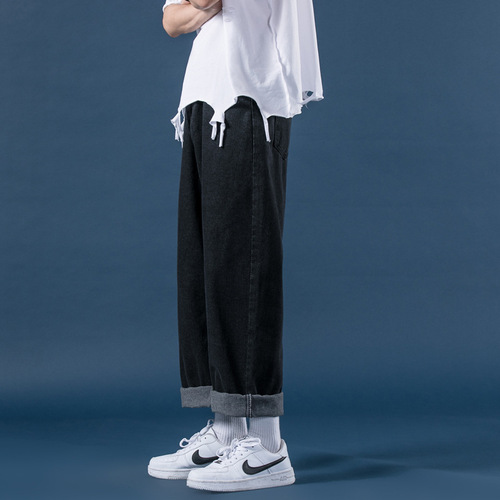 Light-colored men's jeans, trendy straight-leg loose pants, fashionable wide-leg ground-length dad jeans