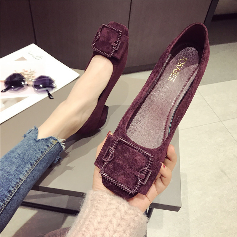 Retro Autumn New Versatile Square Buckle Shallow Mouth Chunky Heel Single Shoes for Women 3cm Low Heel Women's Shoes Black Loafers Beanie Shoes