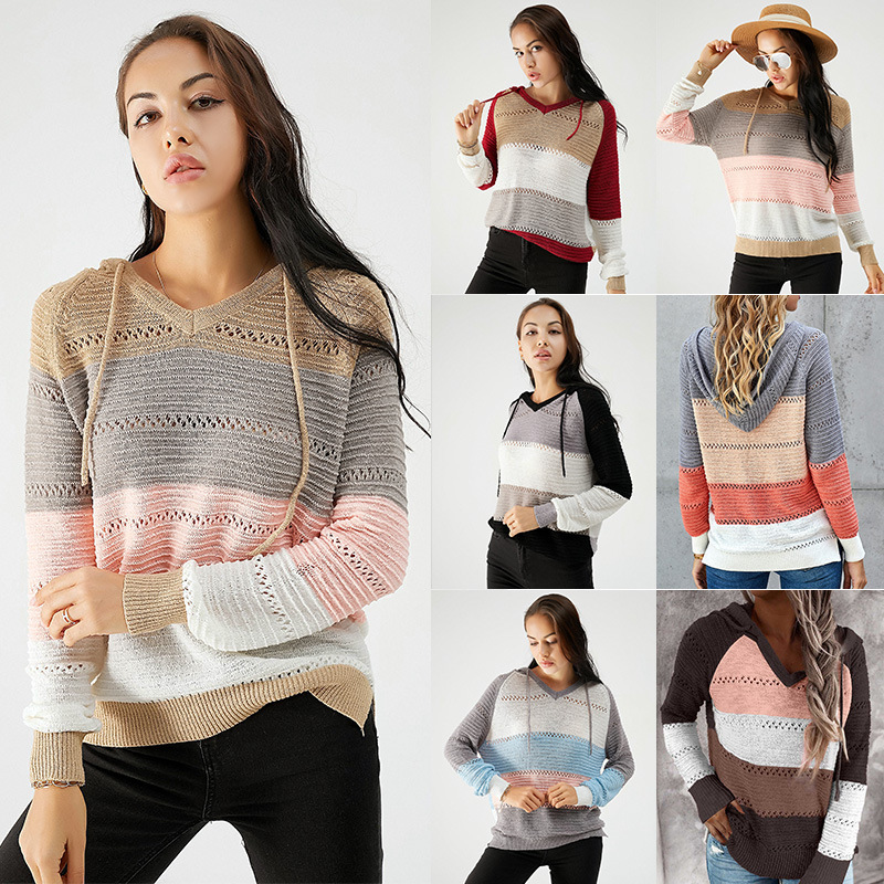 Cross-Border Autumn Knitted Hooded Sweatshirt for Women, European and American Style, Long-Sleeved, Loose-Fitting, Colorful Striped Pullover, Women's Knitted Pullover