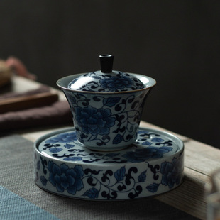 Vintage Blue and Blossom Sicai Gai Bowl Chinese Ceramic Kung Fu Tea Set Large Bowl Tea Cup with Pot Bearing Tea Maker