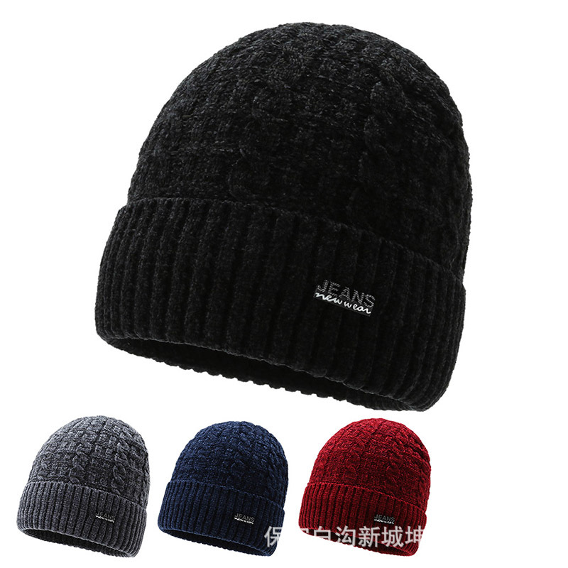 Hat new Korean style autumn and winter thickened fleece-lined cold-proof warm Men's knitted hat elderly chenille wool hat
